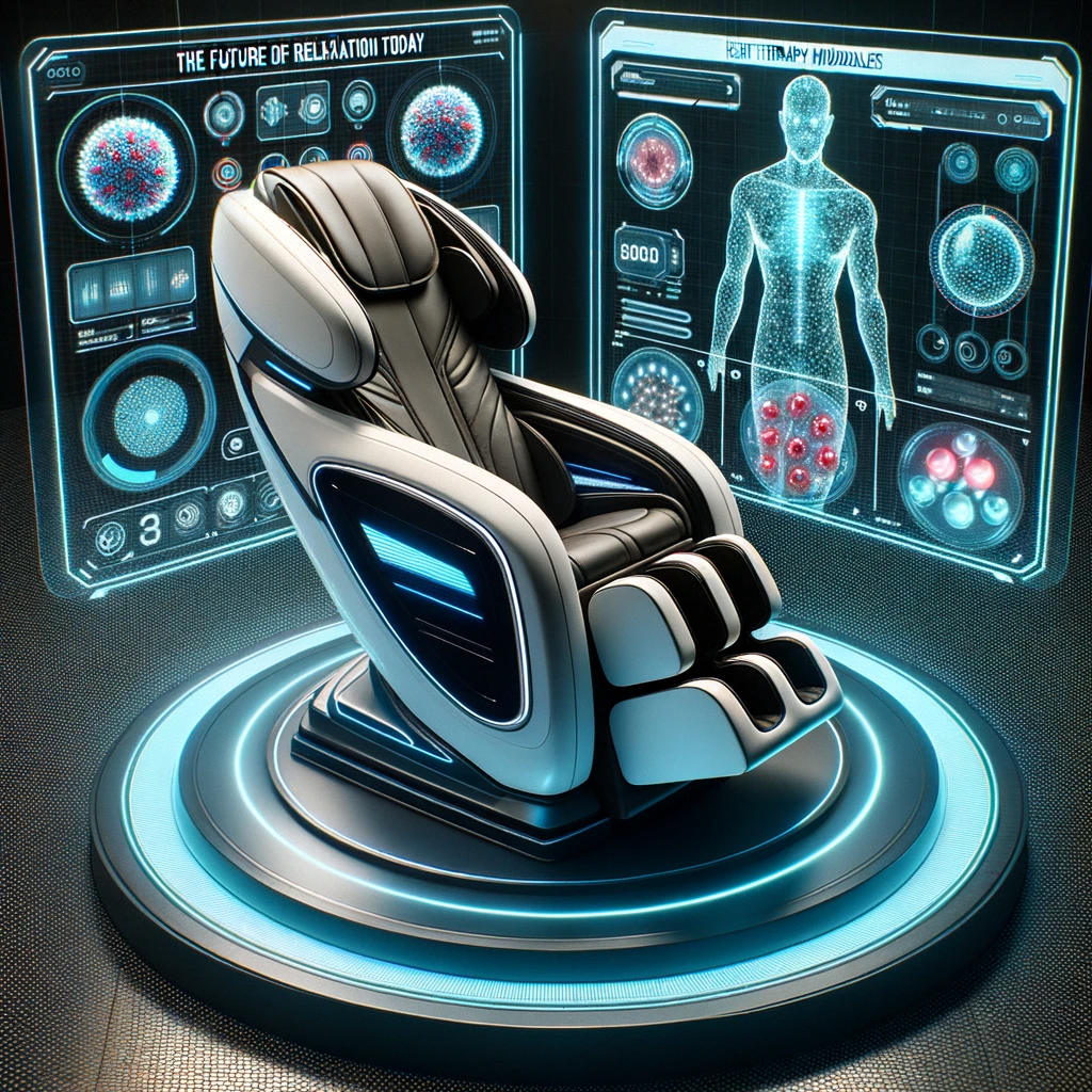  Futuristic massage chair with holographic displays of its cutting-edge technologies.