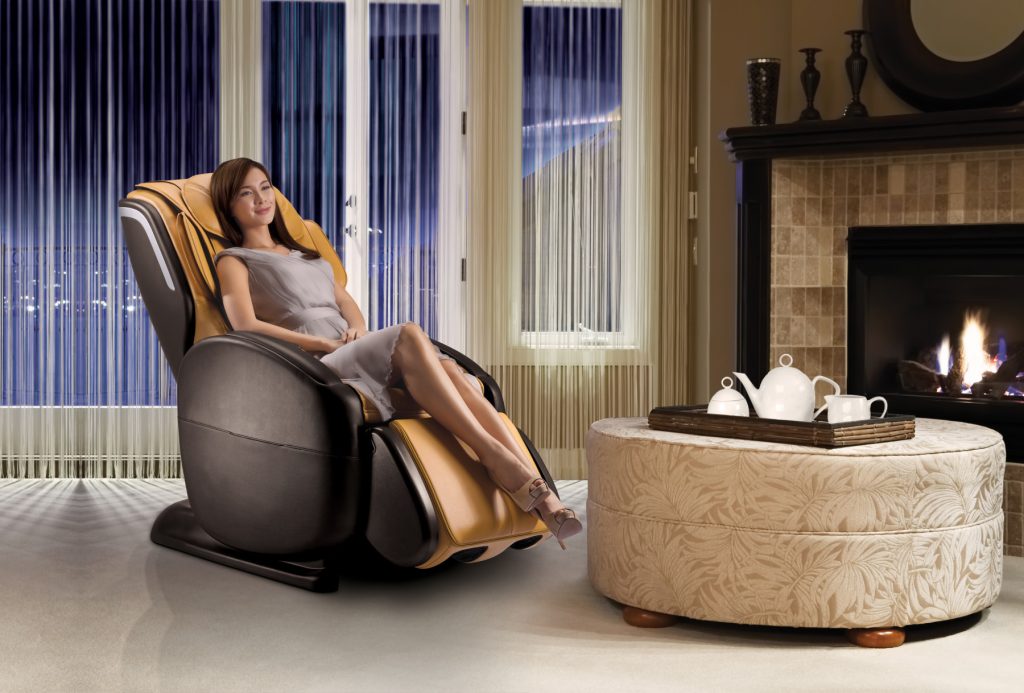 A massage chair in a scientific setting with visual representations of blood vessels and circulation.