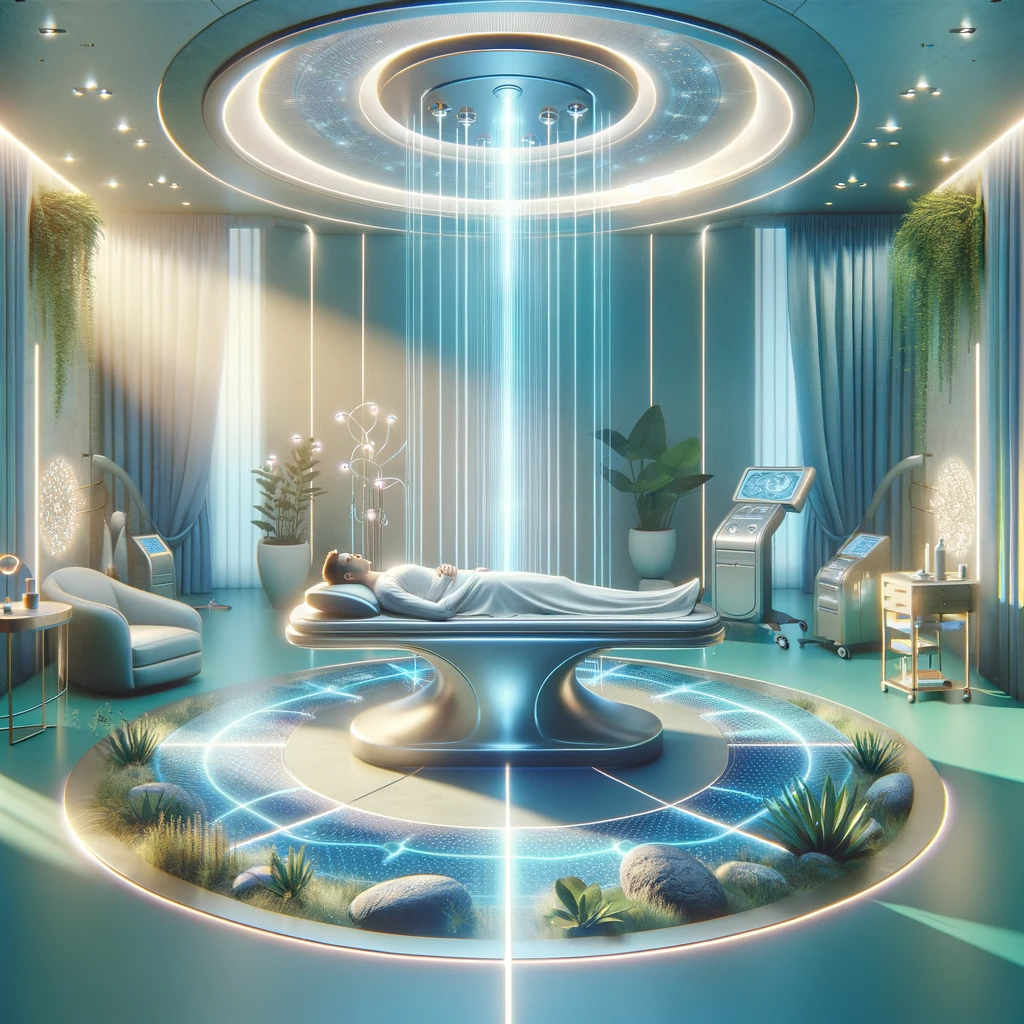 A tranquil and futuristic therapy room, illuminated with soft ambient lighting. In the center is a modern therapy bed with a patient, surrounded by advanced equipment emitting gentle electromagnetic waves. The room is enhanced with natural elements like plants and a small waterfall, creating a harmonious blend of technology and natural healing. The predominant colors are calming blues and greens, with a subtle glow from the therapy equipment.